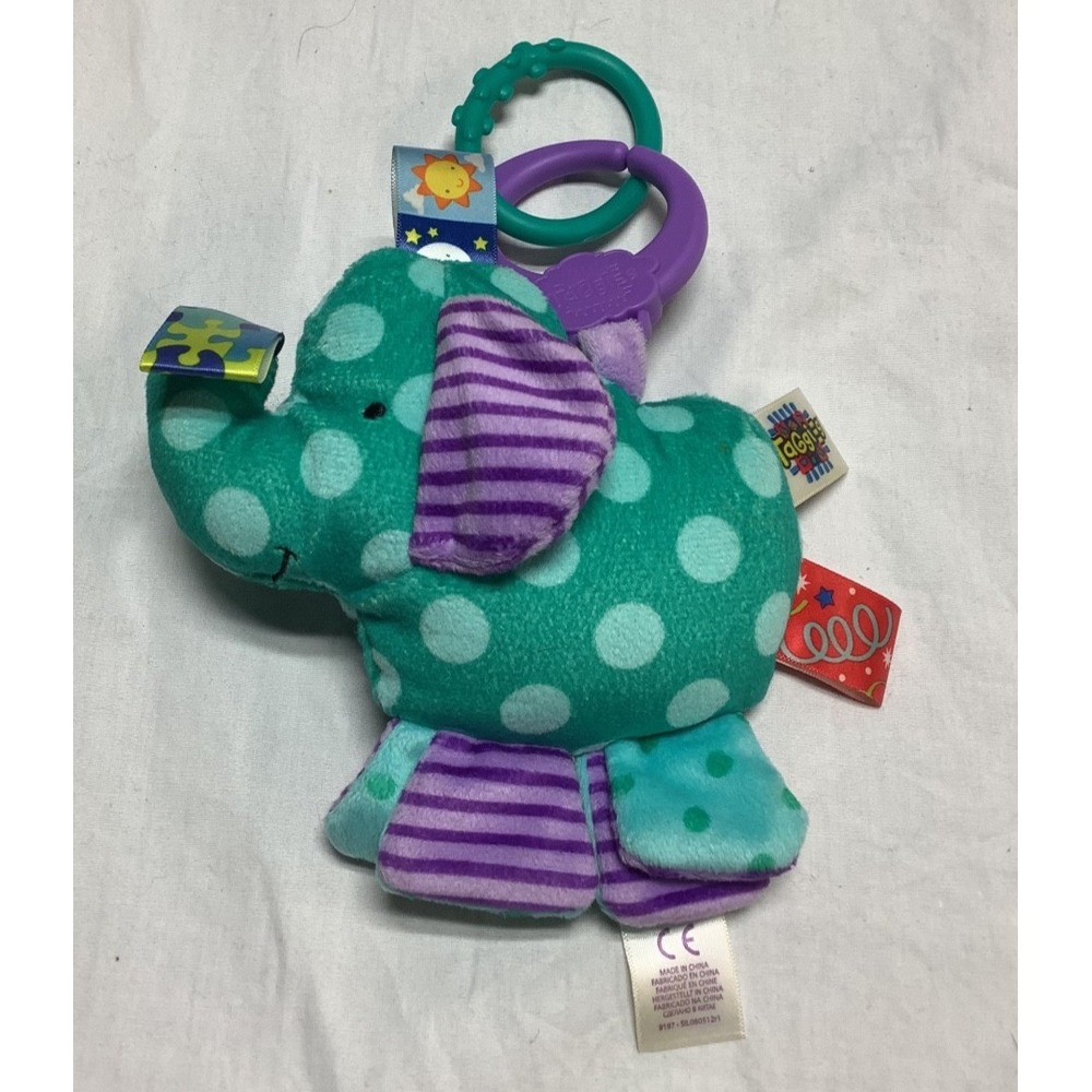 Kids II Taggies Elephant Plush Green Rattle Stroller Clip Toy Polka Dot